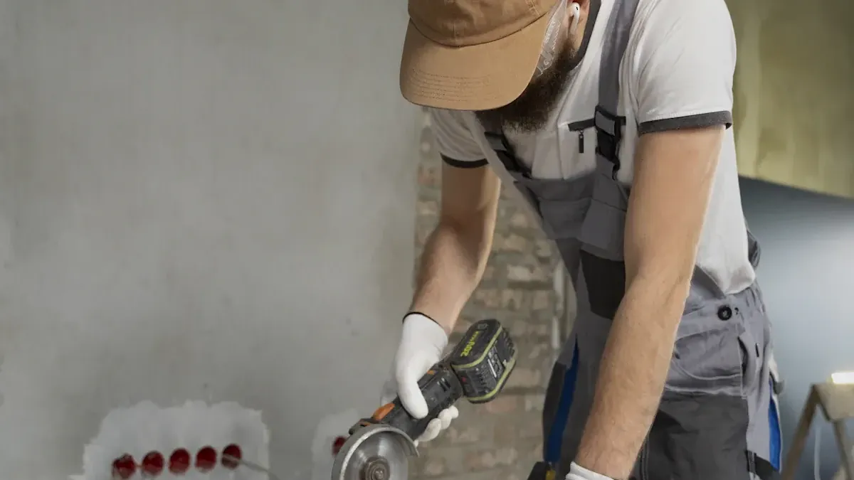 Operario cortando una baldosa en una obra